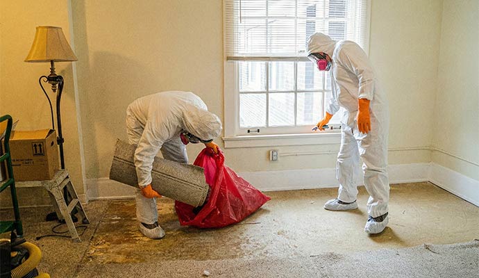 Professionals carefully bagging hazardous materials during an urgent biohazard remediation service