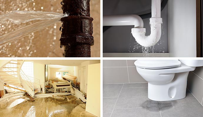 Collage of broken water pipe, water pipe leakage, structural damage and leaked toilet