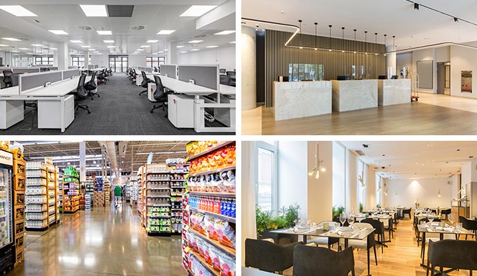 Collage of clean office, reception, retail store and restaurant