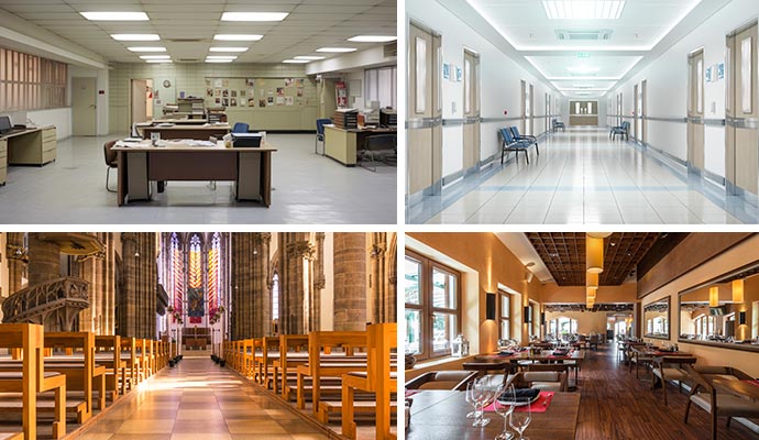 Collage of clean office space, hospital, church and restaurants