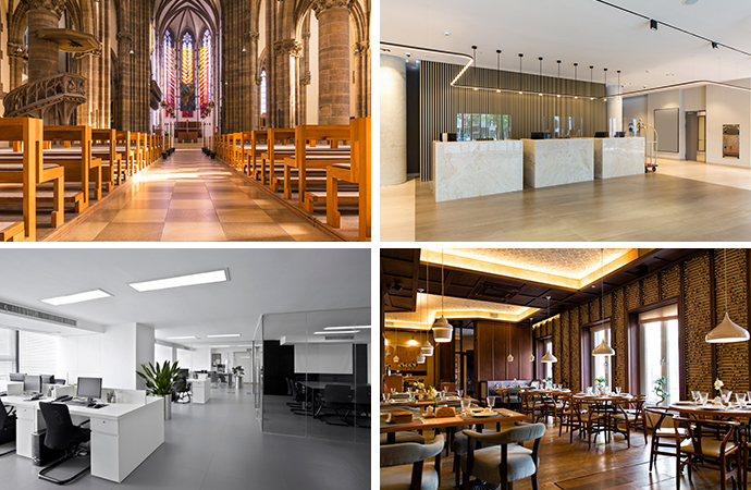 Collage of church, hotel, office and restaurant area