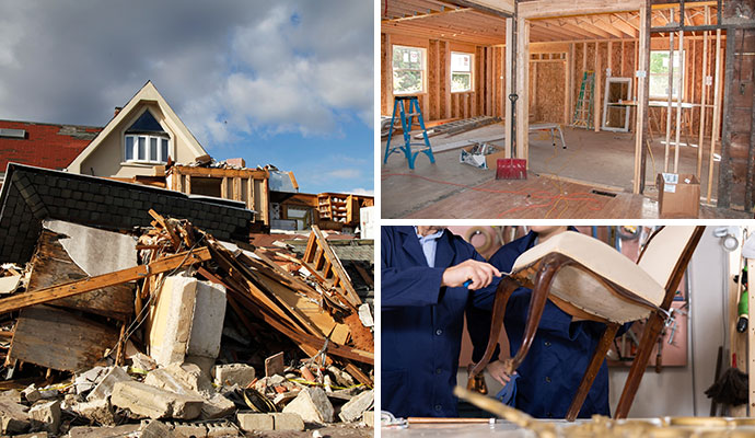 Collage of disaster, construction and content restoration