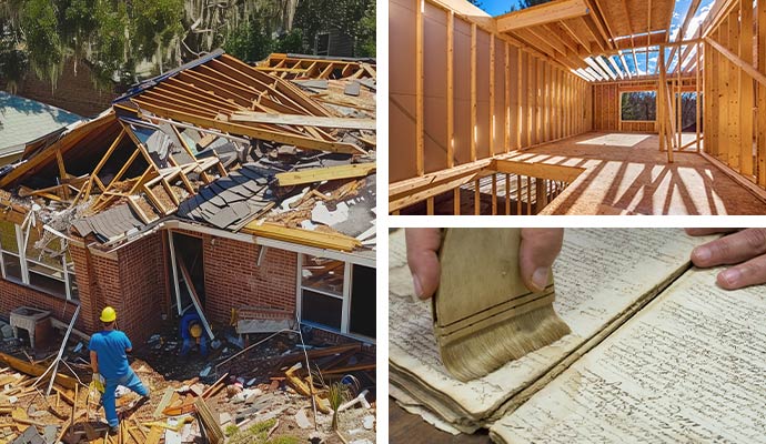 Collage of disaster, content restoration, and construction services