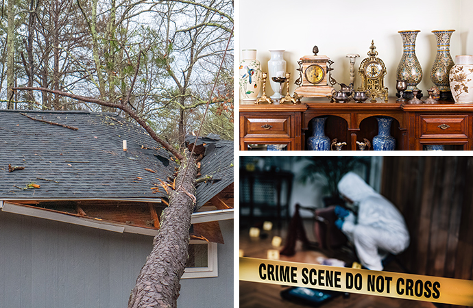 Collage of disaster damaged area, restored antiques and biohazard cleanup service