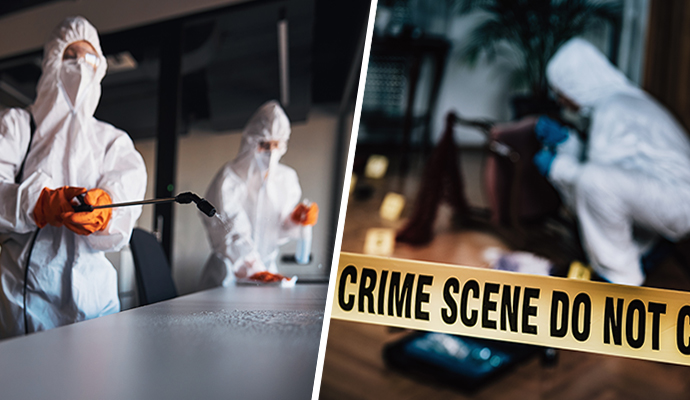 Collage of disinfecting service and biohazard cleanup service