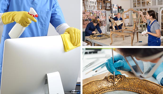 Collage of electronics device, furniture and content cleaning