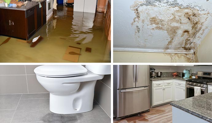 Collage of flood damaged floor, damaged ceiling, leaky toilet and appliance leakage