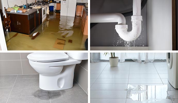 Collage of flood damaged house, plumbing leakage, leaked toilet and leaked appliance