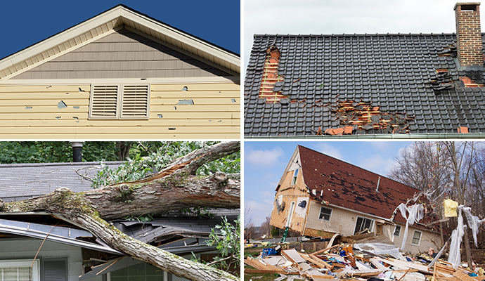 Collage of hail damaged house, damaged roof, wind damaged house and tornado damaged property