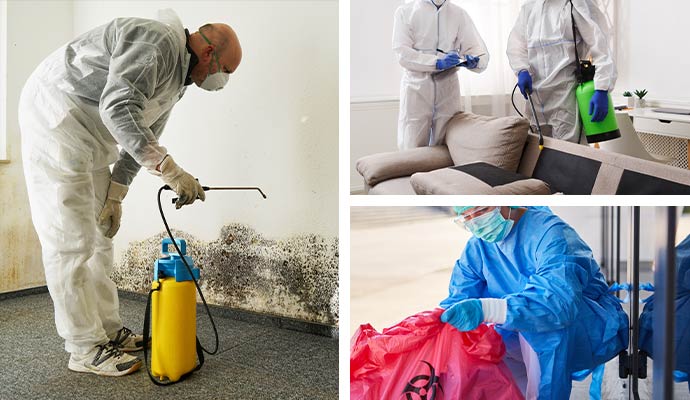 Collage of mold decontamination, disinfection and biohazard cleanup