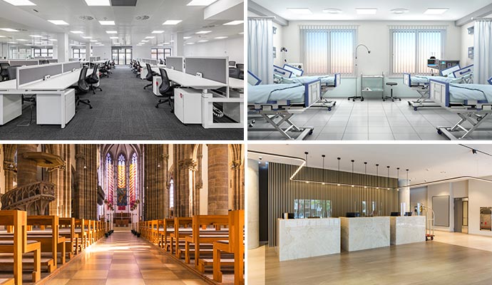 Collage of various interiors including office, hospital, church and hotel spaces