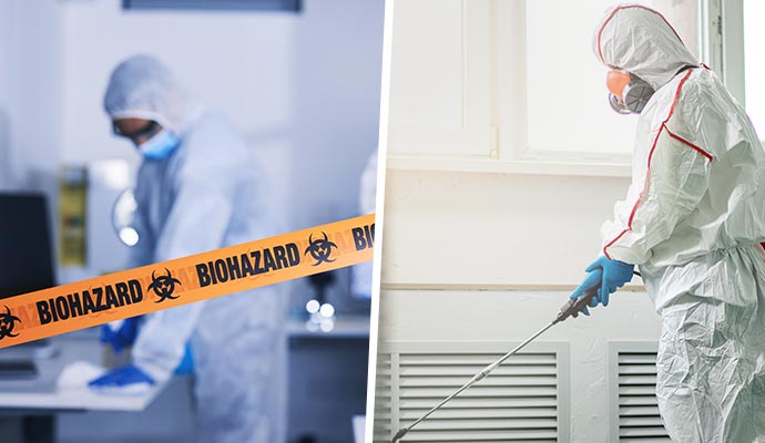 Collage of professional biohazard cleanup and disinfecting services performed by trained experts