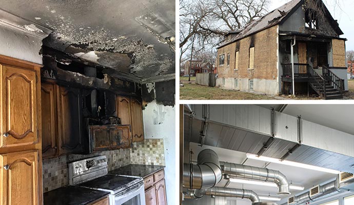 Collage of smoke and soot damaged house and duct system