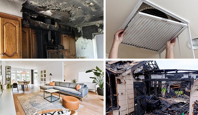 Collage of smoke and soot damaged property, duct cleaning, clean living space and fire damaged property
