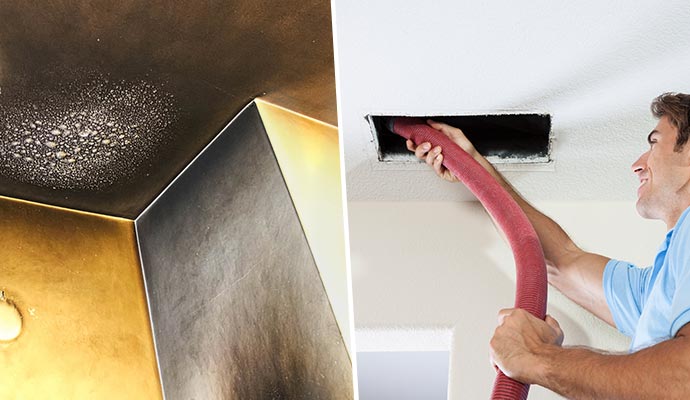 Collage showing a smoke and soot-damaged ceiling and duct cleaning services