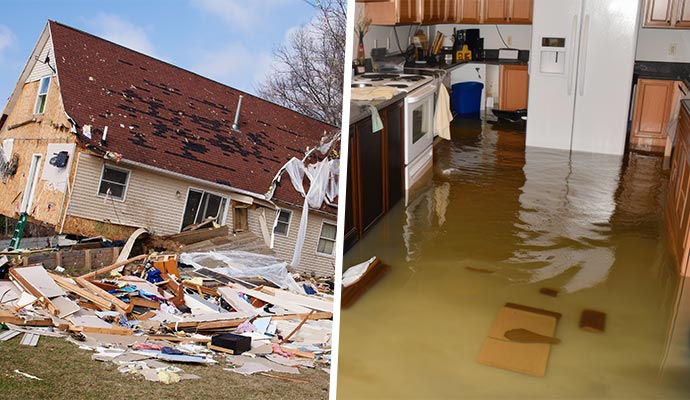 Collage showing a storm-damaged house and a flooded kitchen interior with standing water on the floor