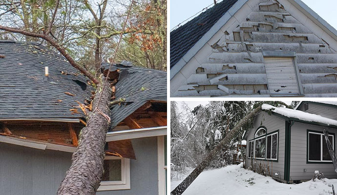Collage of storm, hail, and ice damaged house