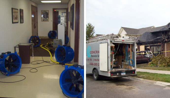 collage of water and fire damage restoration