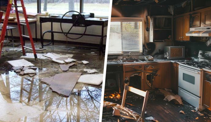 Collage of water damaged room and fire damaged kitchen