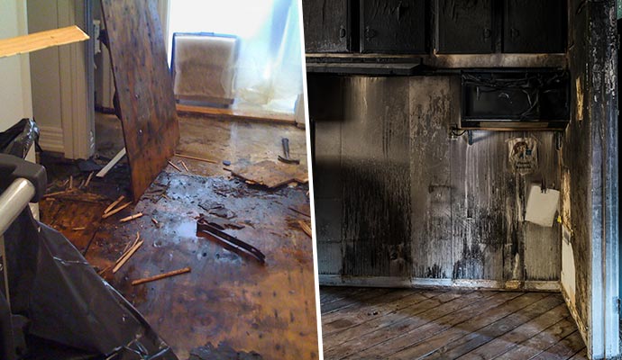 Collage showing a severely water-damaged wooden floor and a fire-damaged kitchen with charred cabinets