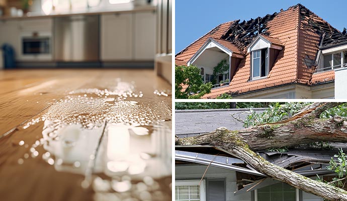 Collage of water, fire, and storm damage