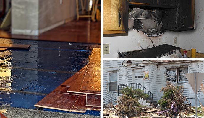 Collage of water, fire and storm damaged property