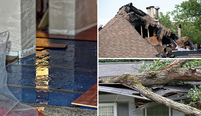 Collage of water, fire, and storm damaged house