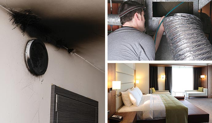 Collage of smoke damaged ceiling, corner, duct cleaning and clean bedroom