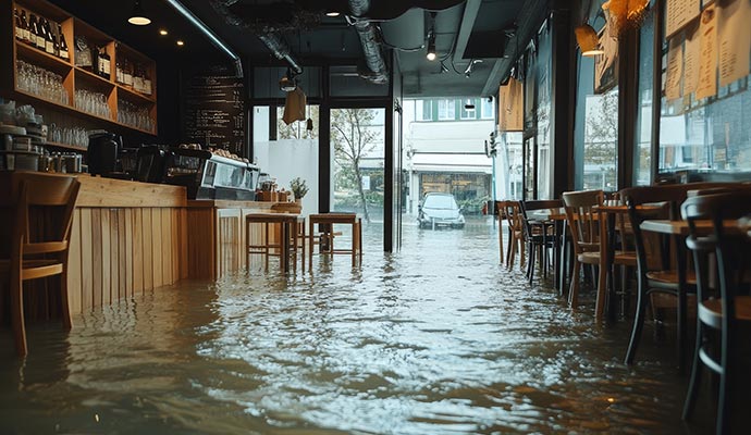 Flooded restaurant interior from storm damage