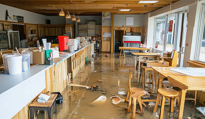 Interior of water damaged restaurant