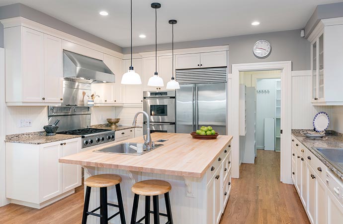 A modern kitchen interior with a sleek and contemporary design