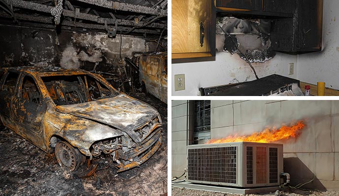 Collage of fire damaged car kitchen and burning ac unit