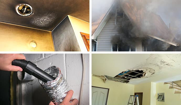 Collage of soot damaged ceiling smoke damaged house duct cleaning and structural ceiling damaged