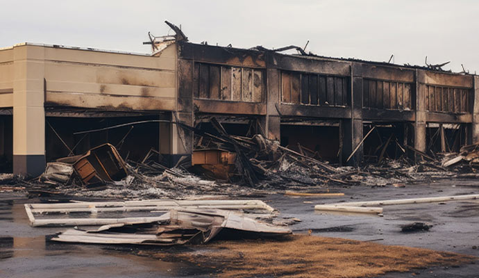 Severely fire damaged commercial building with extensive exterior destruction