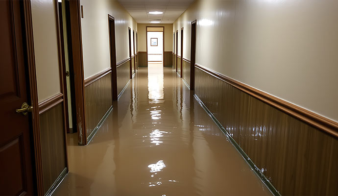 Flooded hotel hallway with standing water covering floors after major indoor water damage incident