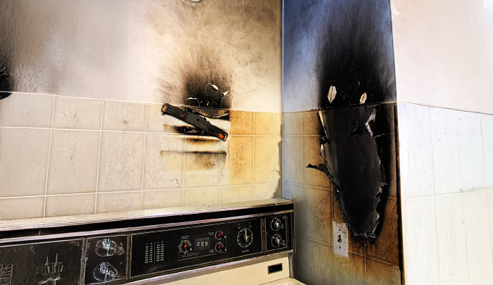 Smoke damaged kitchen wall