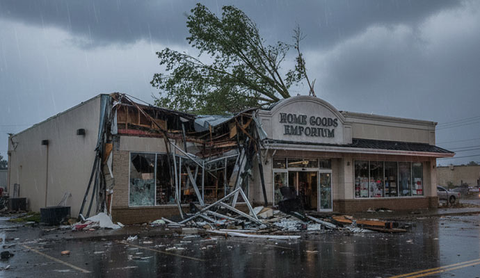 Commercial property with severe storm damage and broken exterior during heavy rain