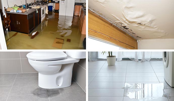 Collage of flood damaged property, damaged ceiling, leaked toilet and appliance leakage